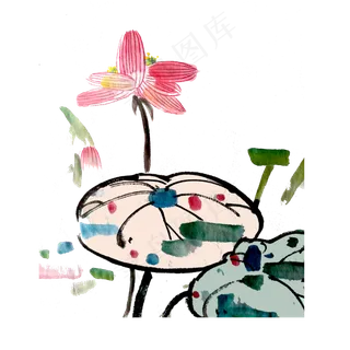 国画莲花水墨桃色可爱童趣PNG