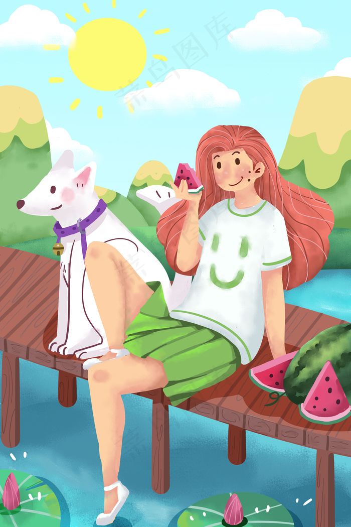 夏天立夏夏日初夏夏至大暑少女风景卡通插画