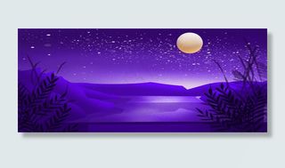 紫色唯美夜晚月亮夜空星空湖边