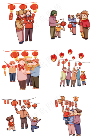 手绘卡通元宵节逛灯会猜灯谜套图,免抠元素