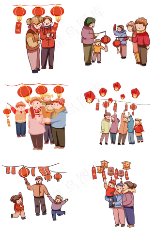 手绘卡通元宵节逛灯会猜灯谜套图,免抠元素