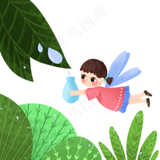 白露节气女孩绿色卡通小清新PNG元,免抠元素