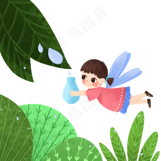 白露节气女孩绿色卡通小清新PNG元,免抠元素