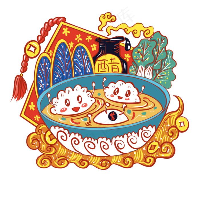 国潮美食汤饺浓汤,免抠元素