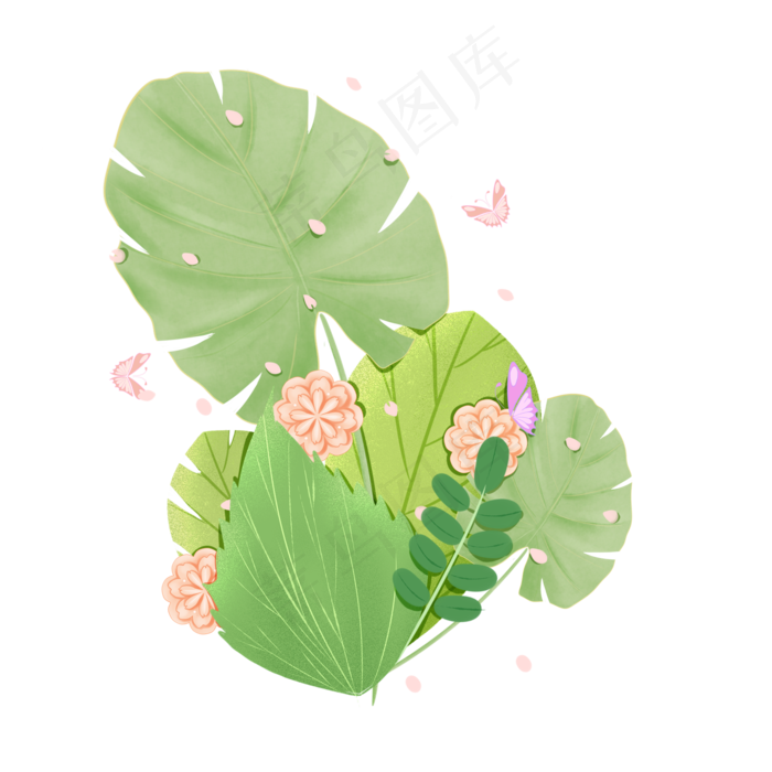 春季剪纸绿叶草丛,免抠元素