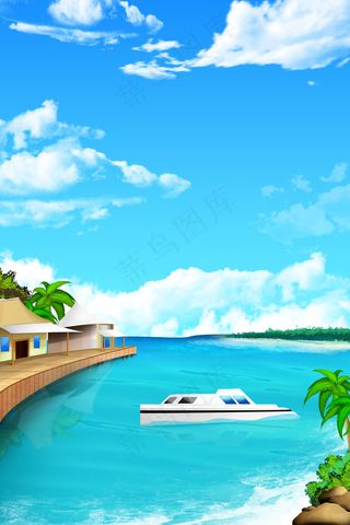 清新夏季海边度假屋竖图