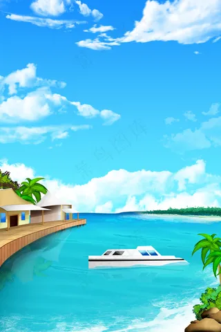 清新夏季海边度假屋竖图