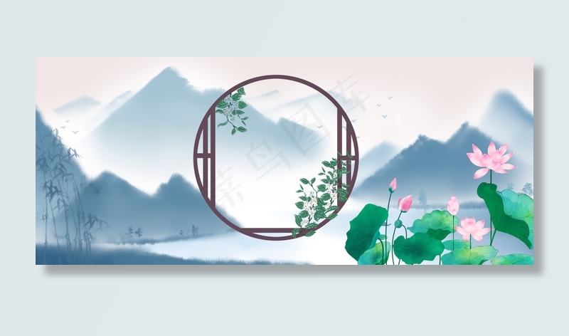 复古中国风六月荷花风景图