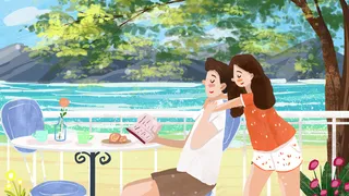 情侣海边度假看海景温馨小清新