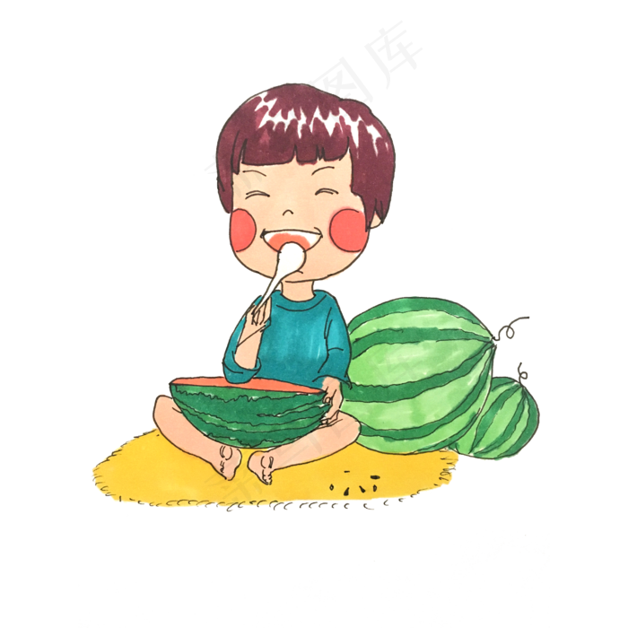 吃西瓜的小孩手绘卡通PNG免抠