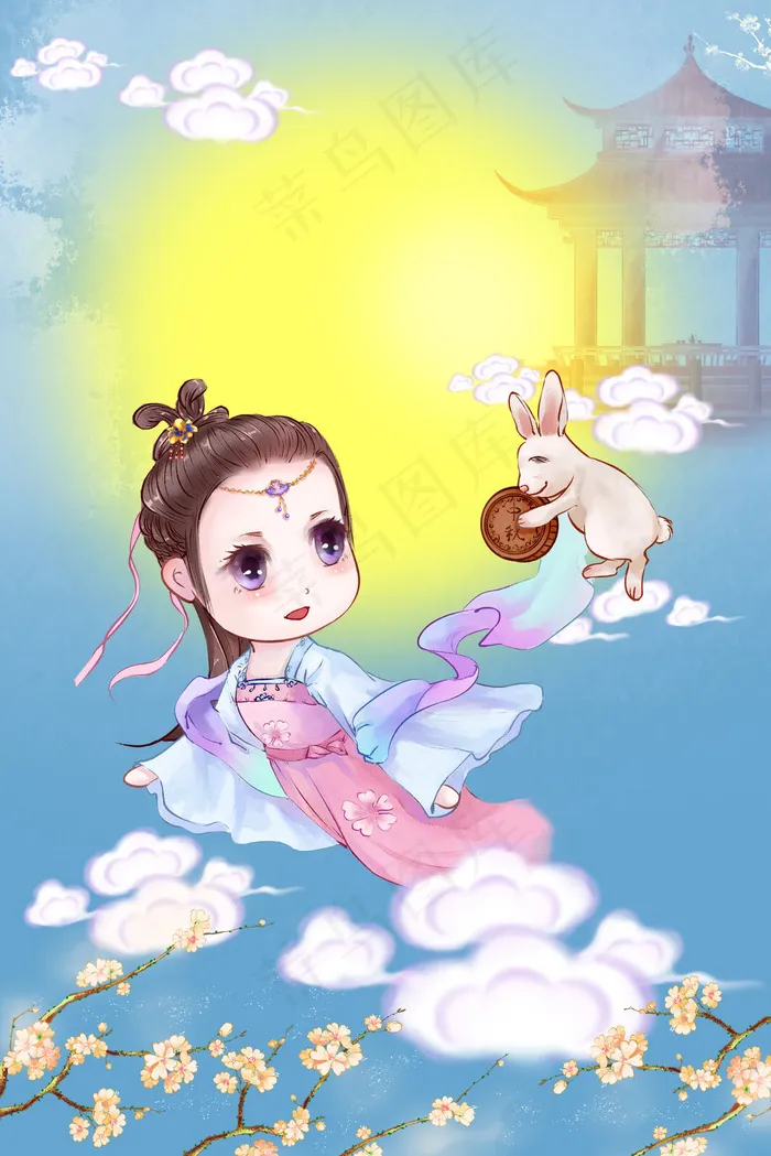 中秋金桂月亮祈福奔月嫦娥玉兔送月饼(3545*5315px 300 dpi )psd模版下载