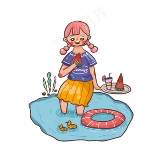 夏天卡通可爱女孩泳池边吃西瓜解