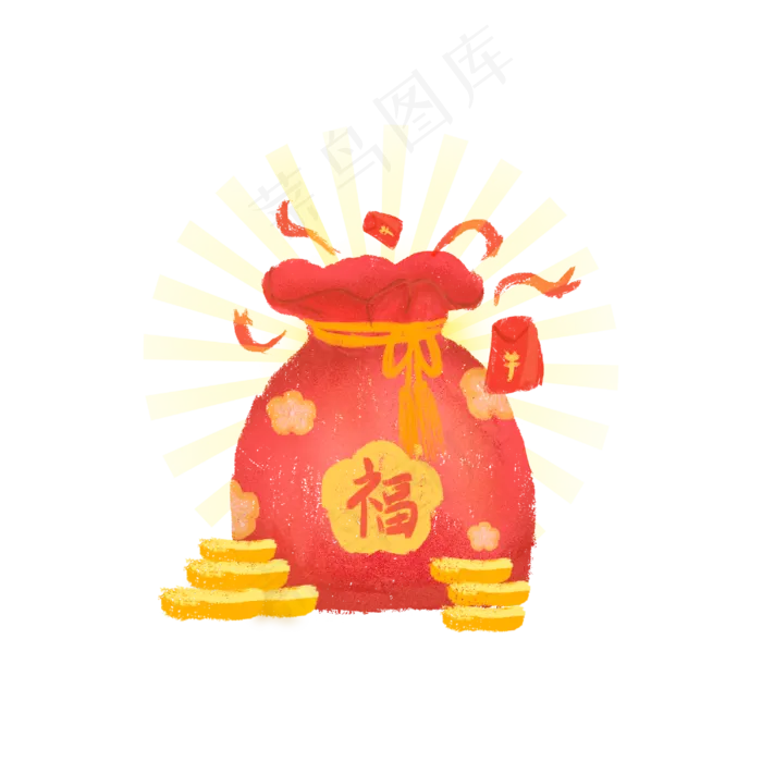 新年手绘噪点红色福袋,免抠元素