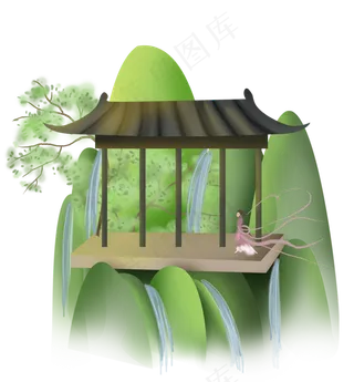 中国风山上亭子下的仙女,免抠元素