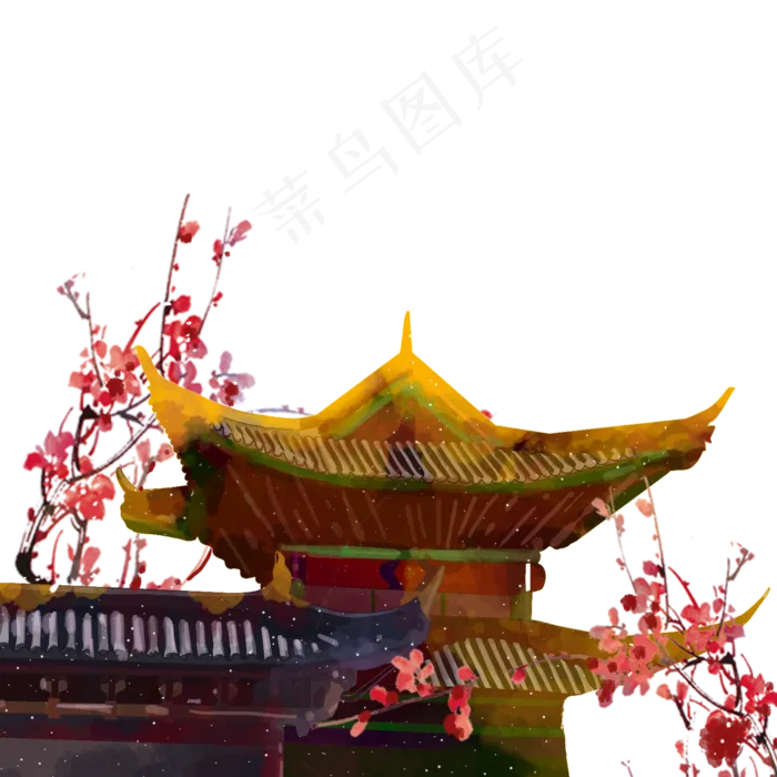 故宫屋檐梅花水彩素材(2000X2000(DPI:300))psd模版下载