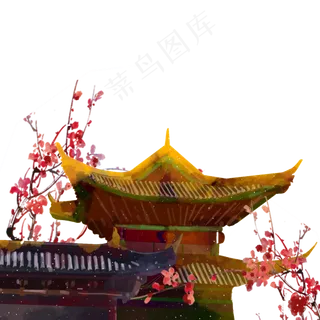 故宫屋檐梅花水彩素材