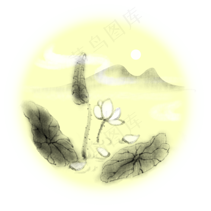 手绘花荷花中国风水墨风山水