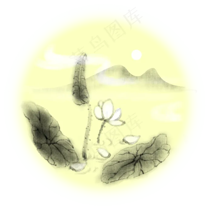 手绘花荷花中国风水墨风山水(2000X2000(DPI:300))psd模版下载