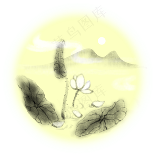 手绘花荷花中国风水墨风山水