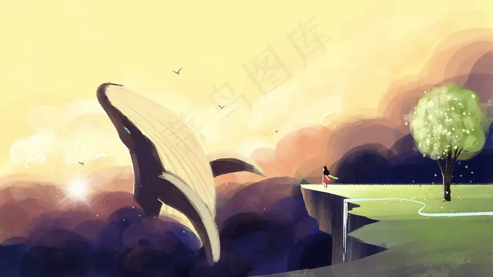 天空鲸鱼治愈系暖色调横图(2880X1620(DPI:300))psd模版下载