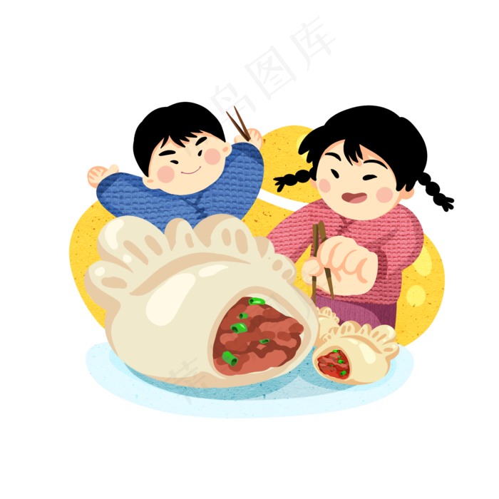 手绘新年小朋友吃饺子,免抠元素