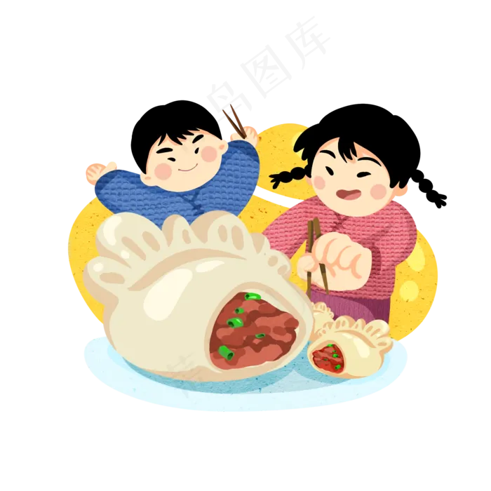 手绘新年小朋友吃饺子,免抠元素