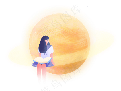 卡通手绘黄色星球上的小女孩