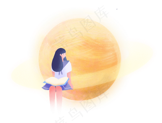 卡通手绘黄色星球上的小女孩