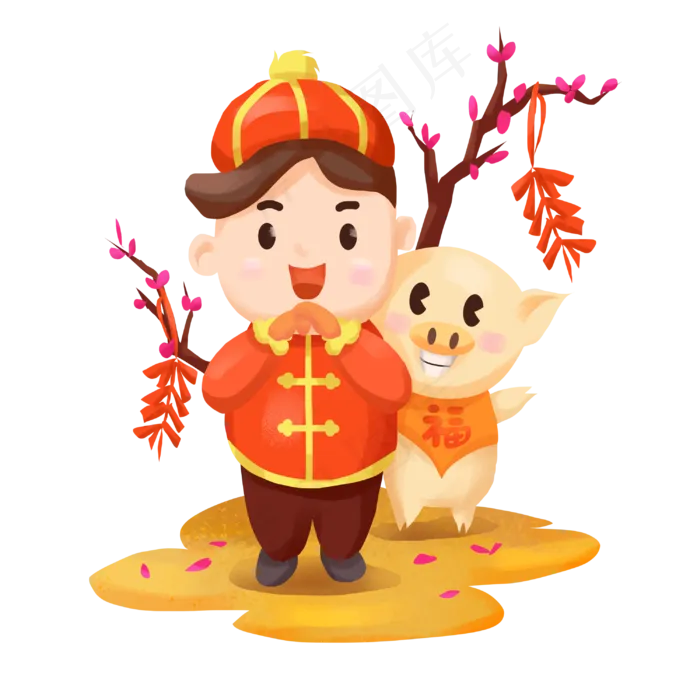 猪年金黄色中国风拜年的小男孩,免抠元素(3000*3000px 300 dpi )psd模版下载