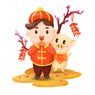 猪年金黄色中国风拜年的小男孩,免抠元素