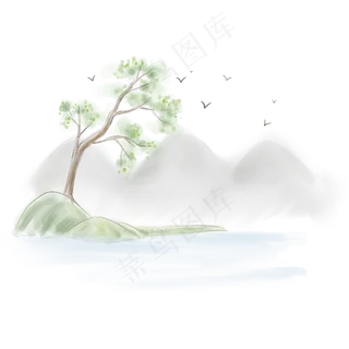 古风淡彩树木,免抠元素