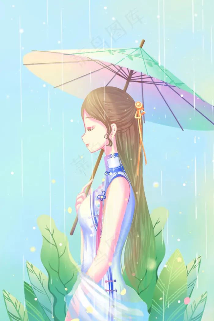 绿色唯美卡通小清新治愈夏季雨季大雨配图(3545*5315px 300 dpi )psd模版下载