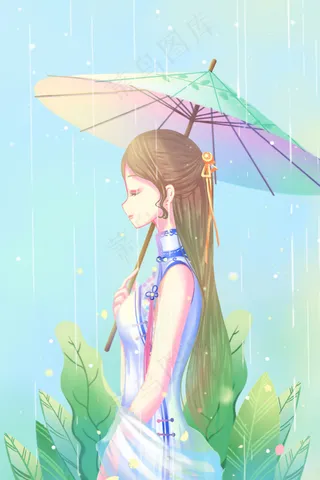 绿色唯美卡通小清新治愈夏季雨季大雨配图
