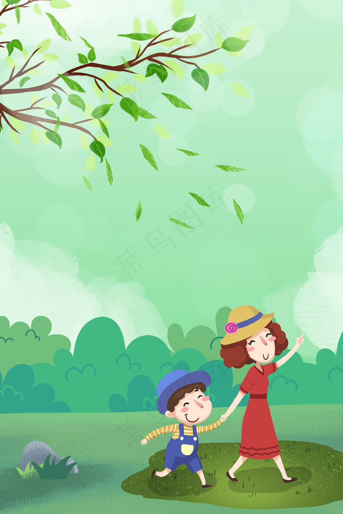 踏青季小清新清明节绿色卡通背景海报