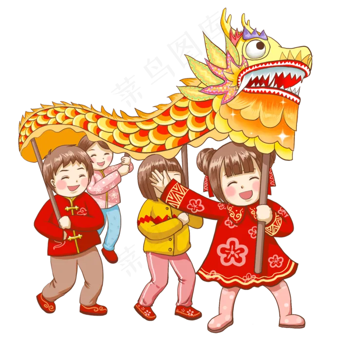 新年2019年过年孩子们舞龙,免抠元素(2000*2000px 300 dpi )psd模版下载