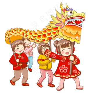 新年2019年过年孩子们舞龙,免抠元素