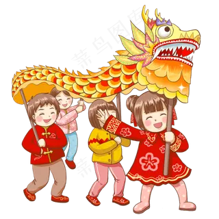 新年2019年过年孩子们舞龙,免抠元素