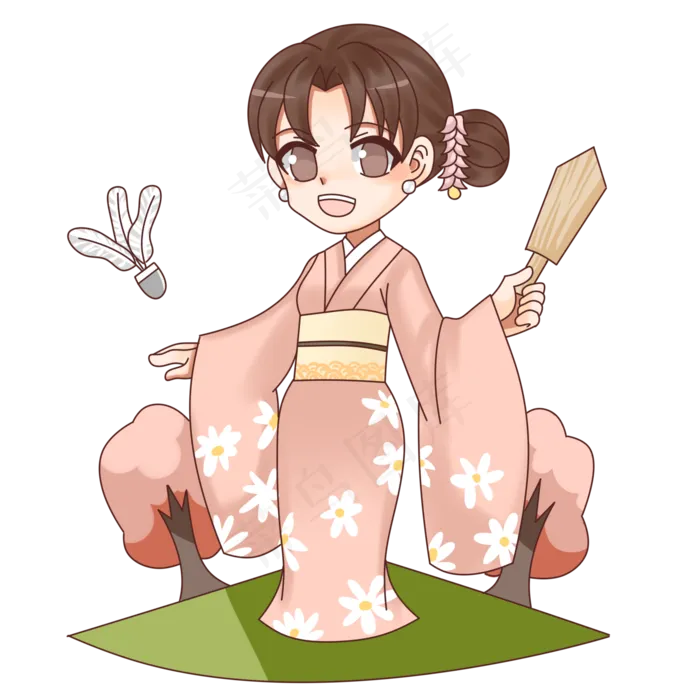 新春可爱日系和服打毽子少女手绘,免抠元素(2000X2000(DPI:299))psd模版下载