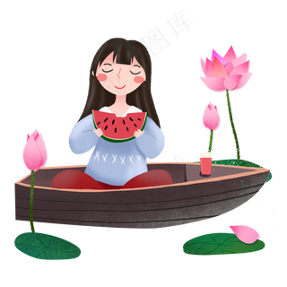 大暑女孩船上吃西瓜素材
