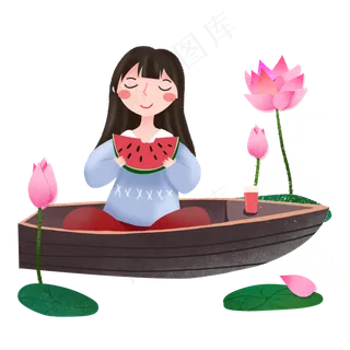 大暑女孩船上吃西瓜素材