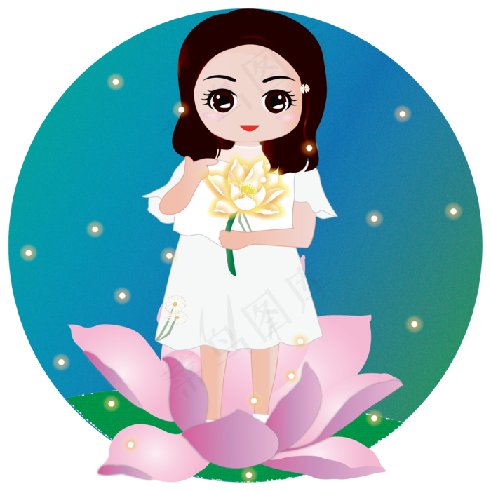 手绘卡通人物花儿与少女手持荷花(2000X2000(DPI:72))ai矢量模版下载