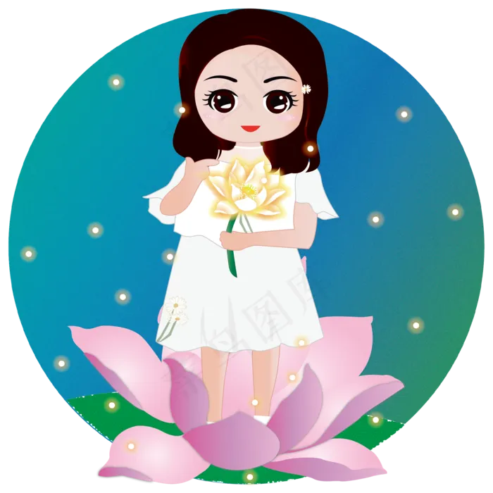 手绘卡通人物花儿与少女手持荷花(2000X2000(DPI:72))ai矢量模版下载