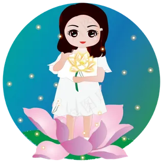 手绘卡通人物花儿与少女手持荷花