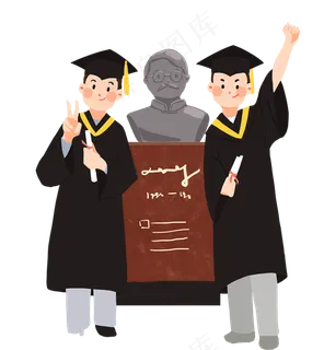 卡通毕业季学士服人物与雕像