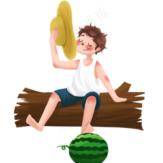 卡通男孩坐大大树上乘凉