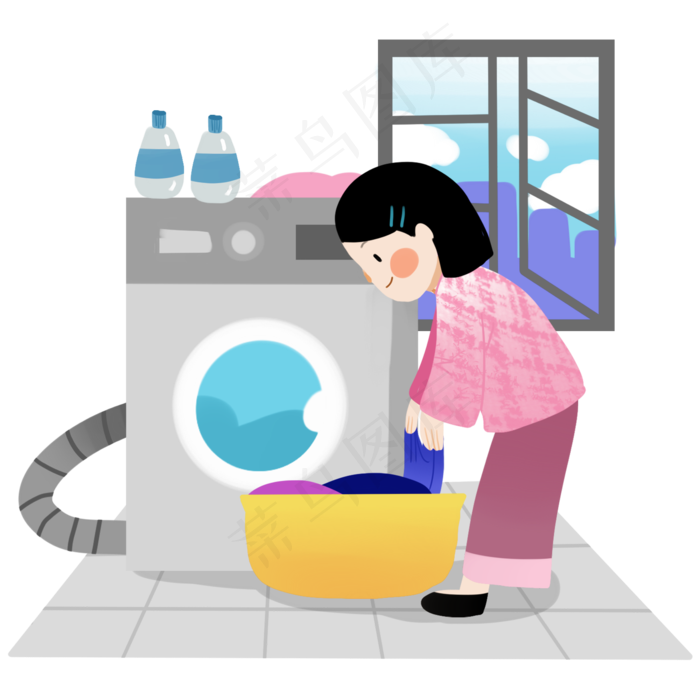 卡通手绘洗衣服的女士创意海报
