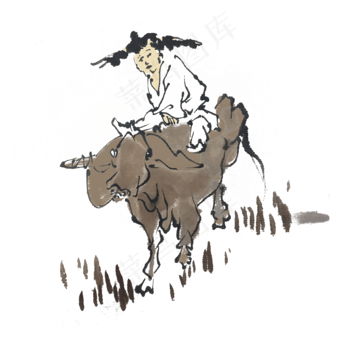 水墨风牧童水牛插画,免抠元素