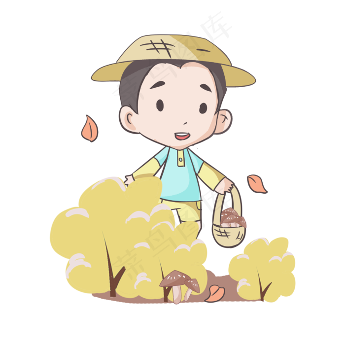 秋季出游采蘑菇的小男孩