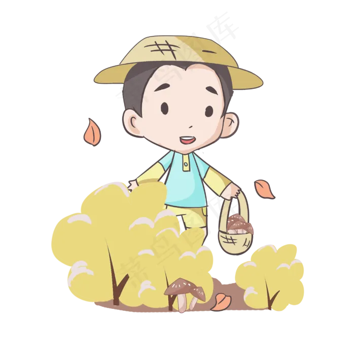秋季出游采蘑菇的小男孩