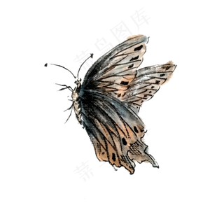 蝴蝶水墨灰色翅膀国画PNG,免抠元素
